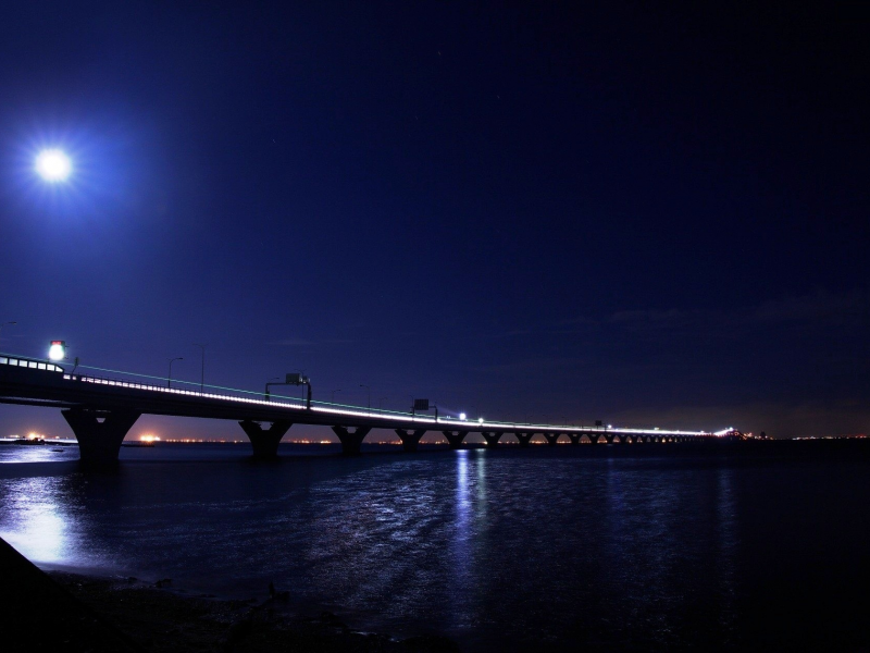 river, свет, Город, water, moon, огни, луна, bridge, мост, light, ночь