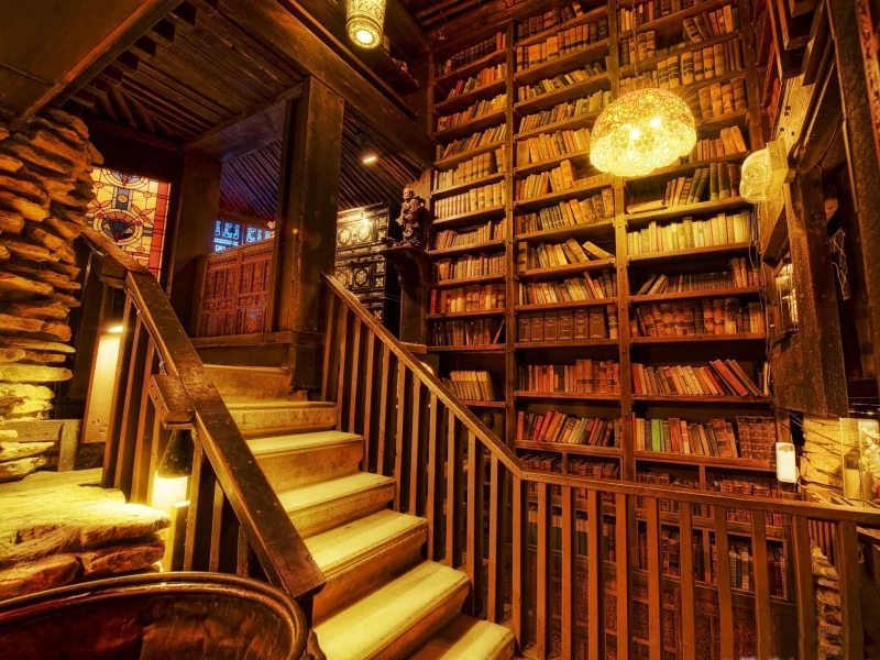 светильники, витраж, книги, лестница, Библиотека