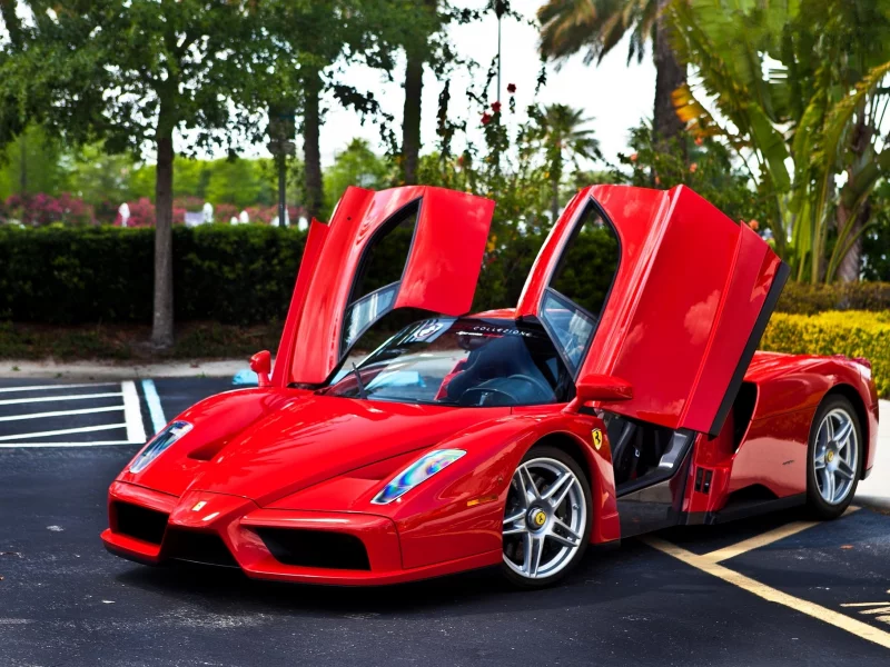 Ferrari, красный, red, trees, parking, феррари, энцо, enzo, вид спереди