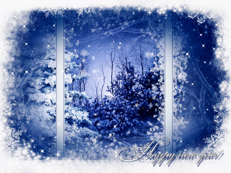 снежинки, деревья, елка, окно, зима, снег, Happy new year, узор