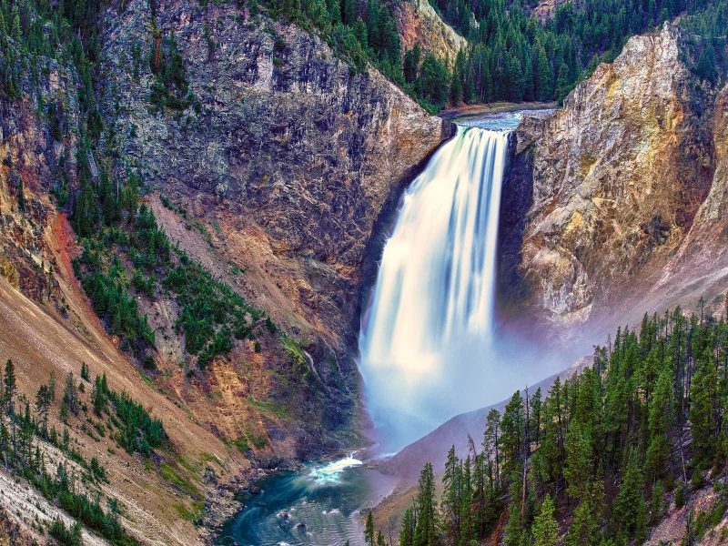 поток, деревья, горы, Lower falls, водопад, yellowstone national park