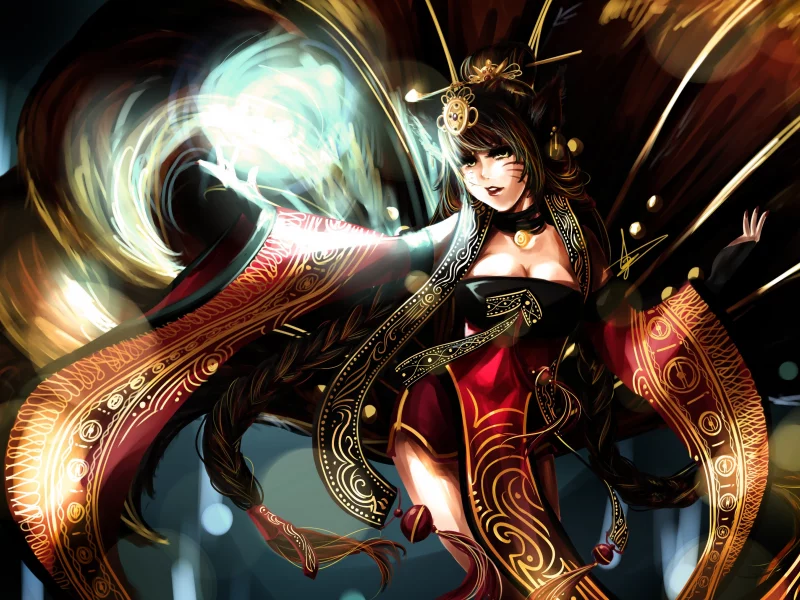 уши, League of legends, украшения, ahri, девушка, хвосты, магия