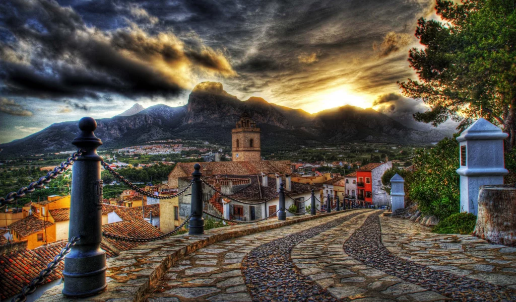 mountain, houses, sky, colorful, hdr, clouds, road, street, old, colors, Architecture, sunset