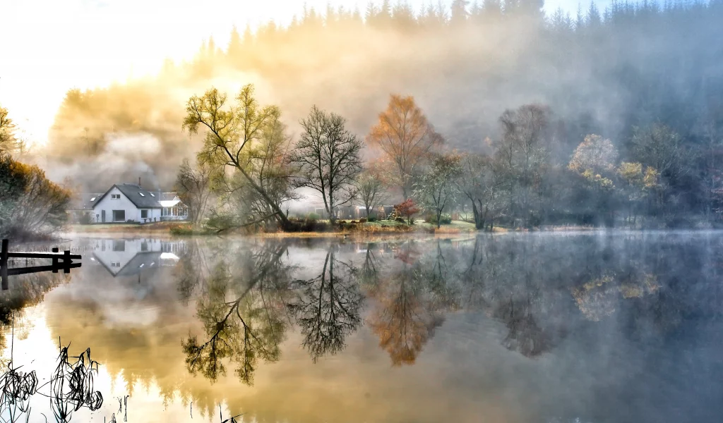 небо, облака, Природа, деревья, озеро, пейзаж, вода
