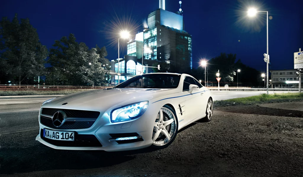 night, graf weckerle, 2012 car, white, glow, tuning, Mercedes-benz, sl 500, xenon, lights