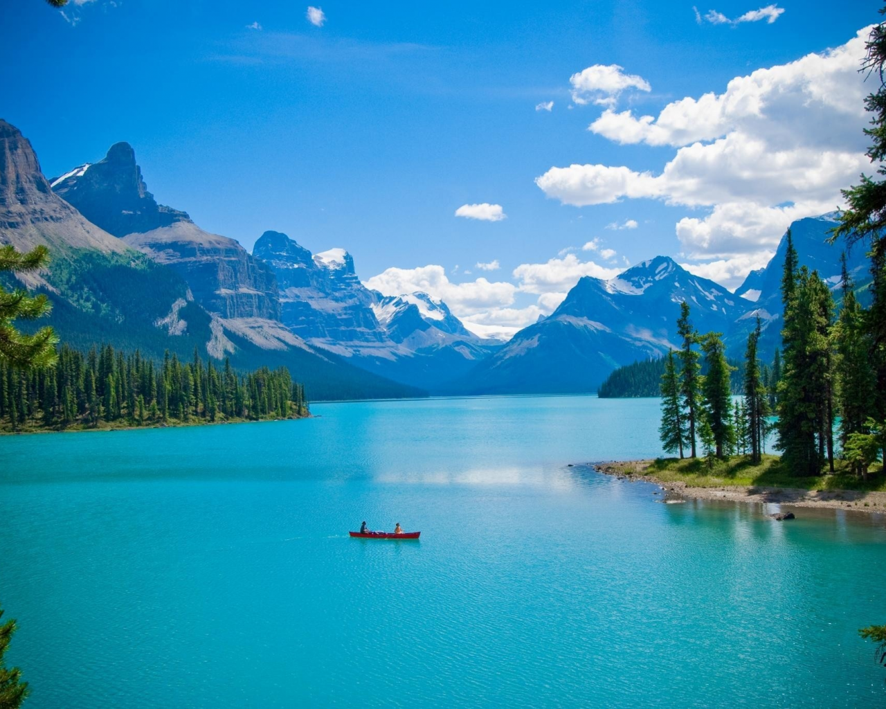горы, озеро, лодка, лес, пейзаж, деревья, Канада