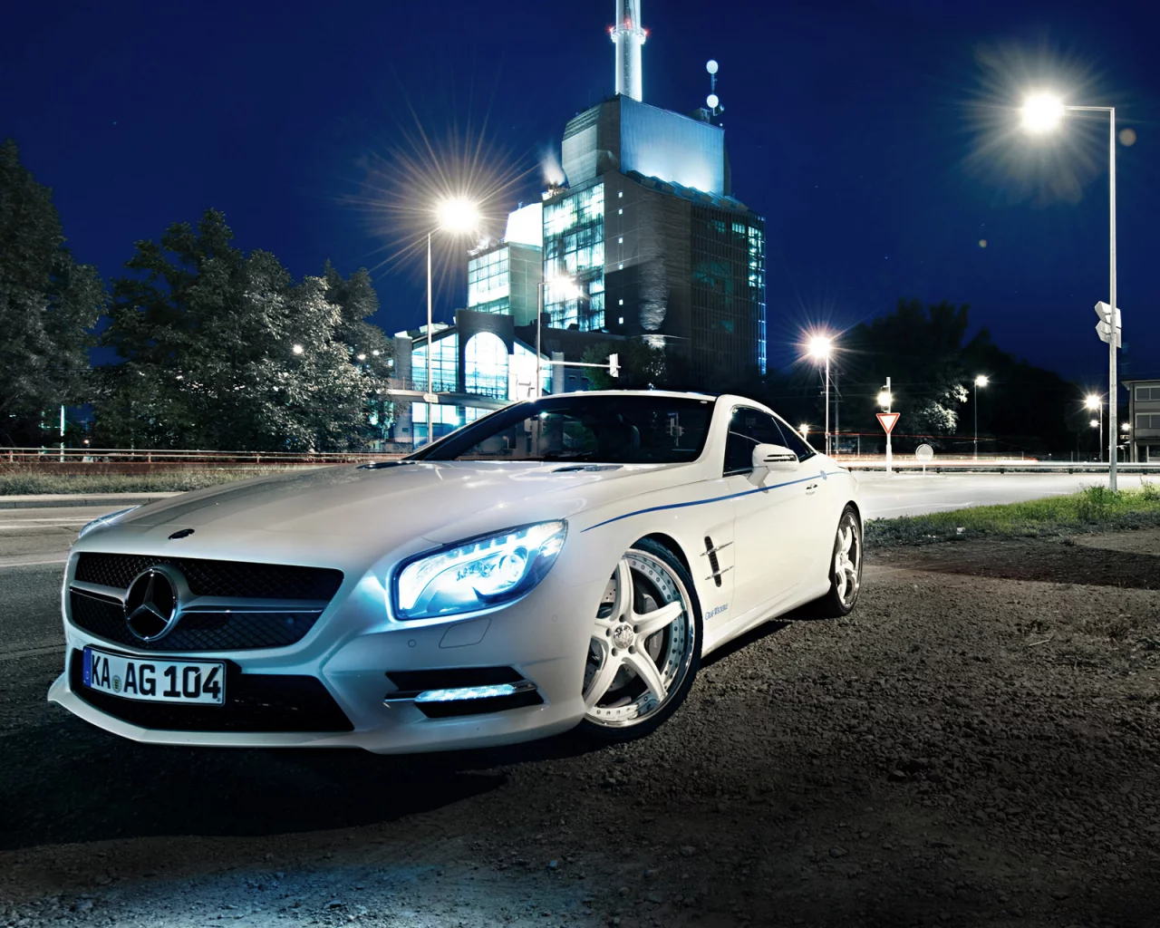 night, graf weckerle, 2012 car, white, glow, tuning, Mercedes-benz, sl 500, xenon, lights