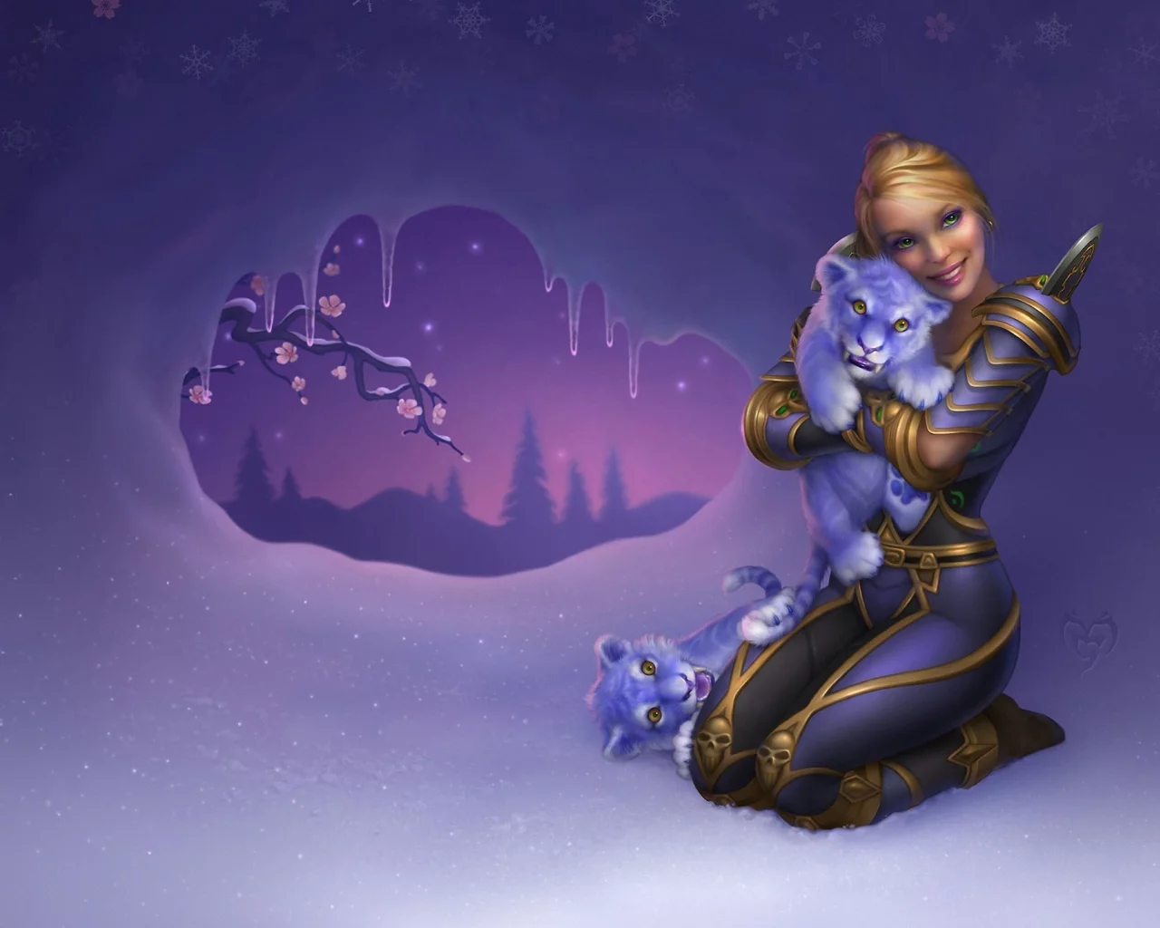снег, фэнтези, девушка, тигрята, world of warcraft, Арт, тигр