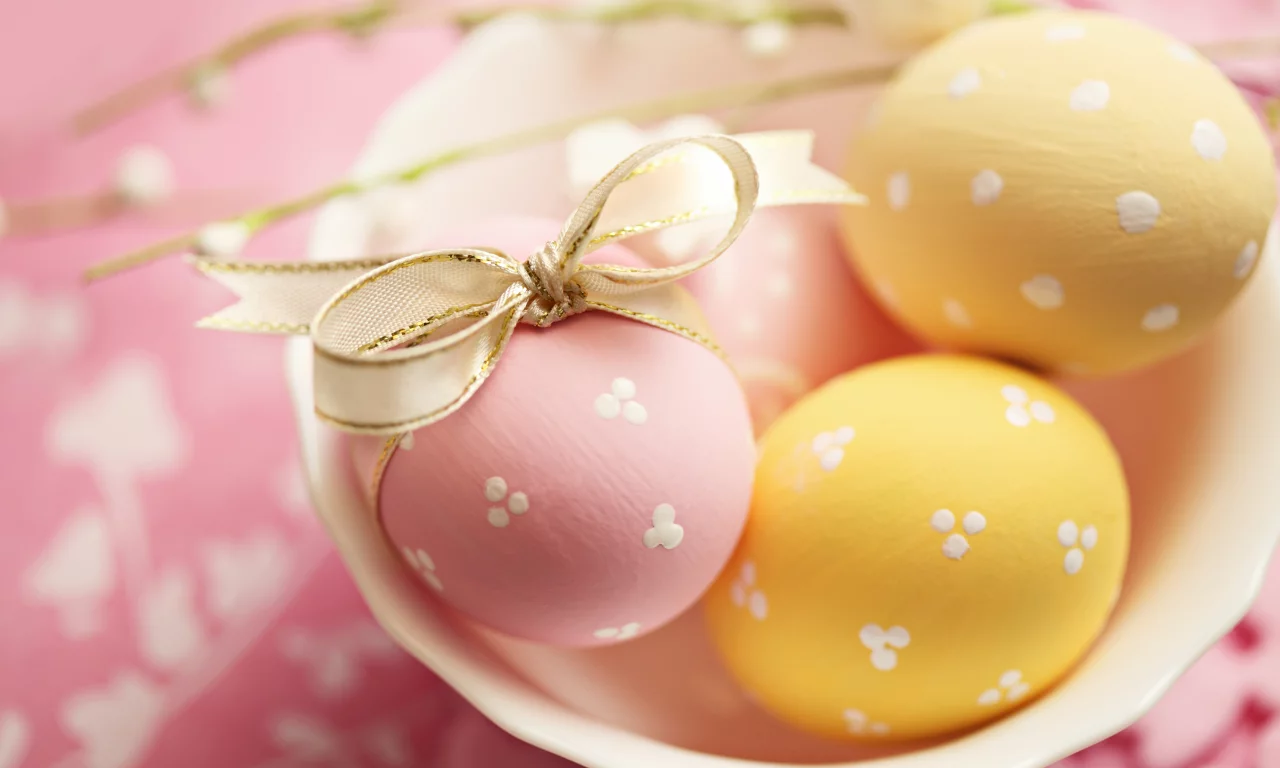 желтые, розовые, бант, пасха, яйца, Easter, пасхальные