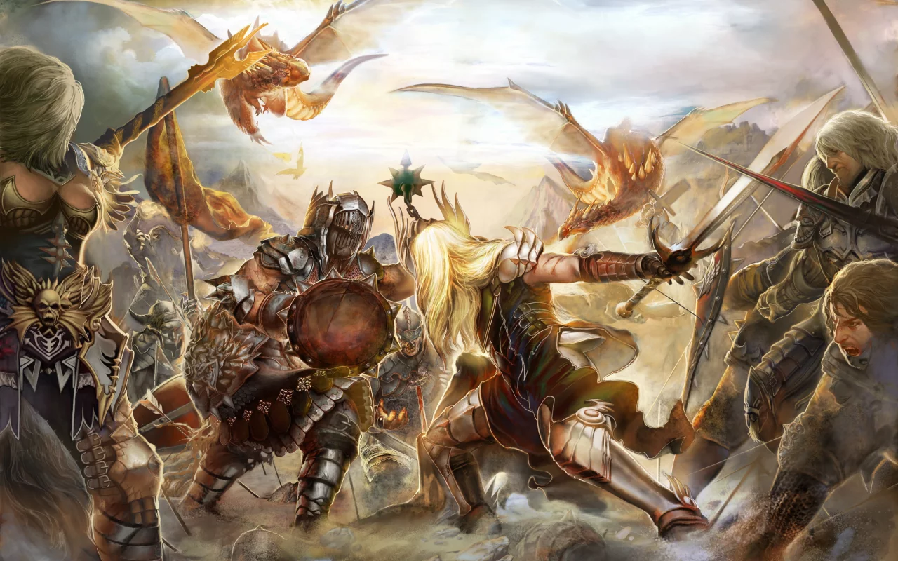perfect world, battle, Forsaken world, knights, mmorpg, битва, драконы, swords, dragons
