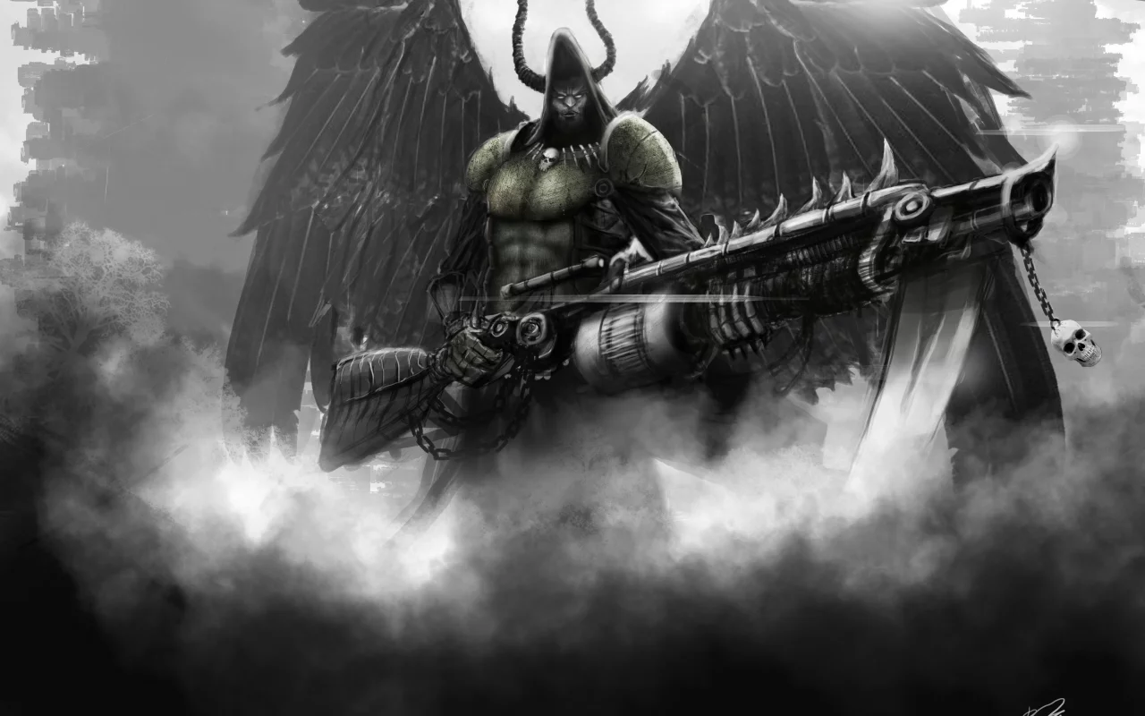 мужчина, angel of death, огнемет, крылья, оружие, Арт, капюшон