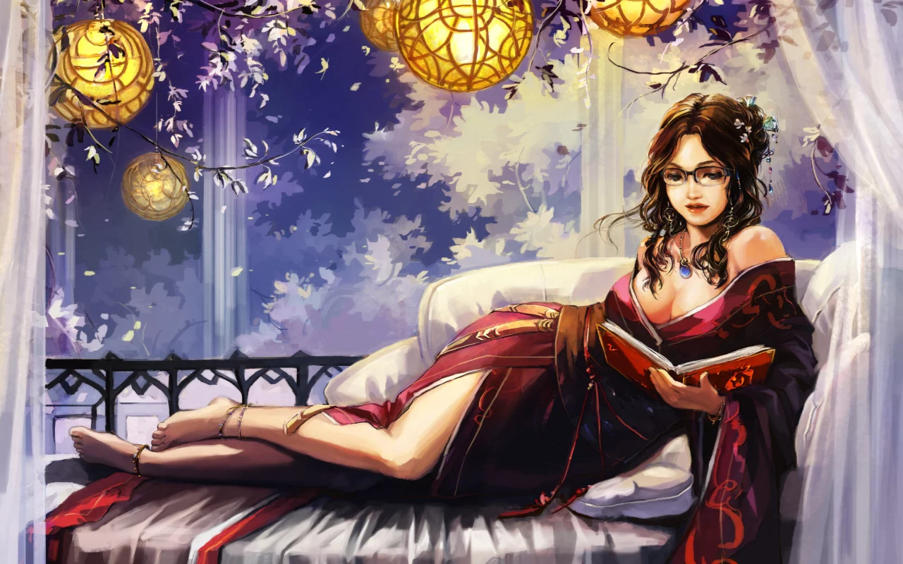 девушка, лежа, чтение, книга, кимоно, Арт, очки, диван