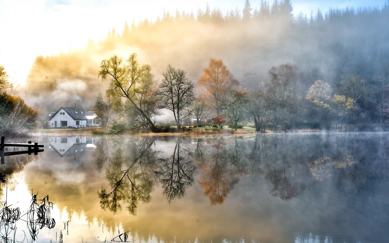 небо, облака, Природа, деревья, озеро, пейзаж, вода