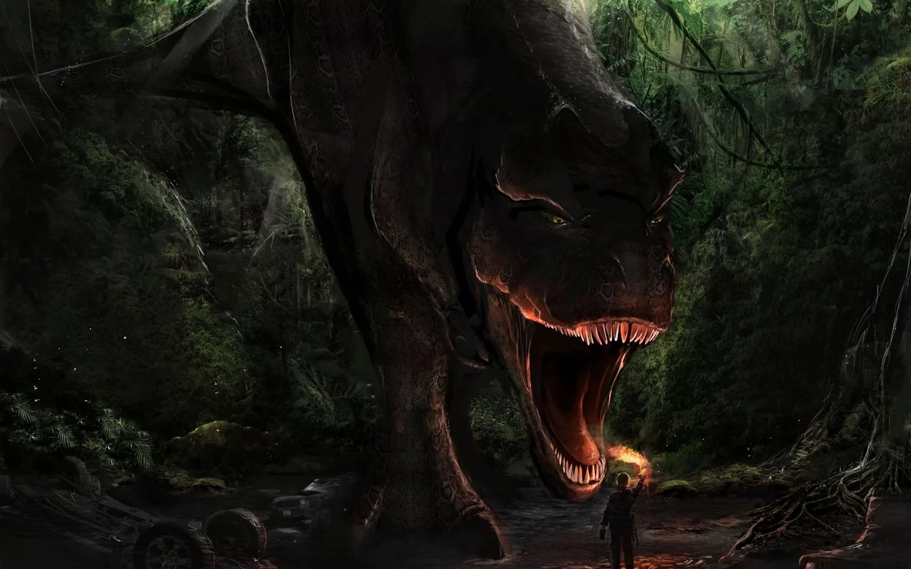 лес, человек, t-rex, опасность, Арт, пасть, факел, динозавр
