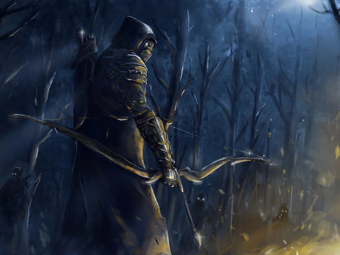 оружие, лес, Арт, лук, огонь, the elder scrolls online, ночь, люди