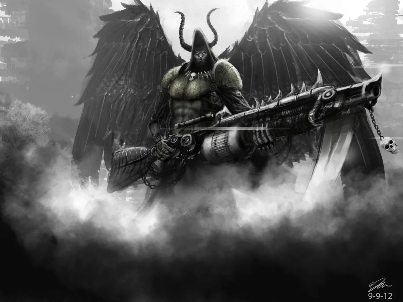 мужчина, angel of death, огнемет, крылья, оружие, Арт, капюшон