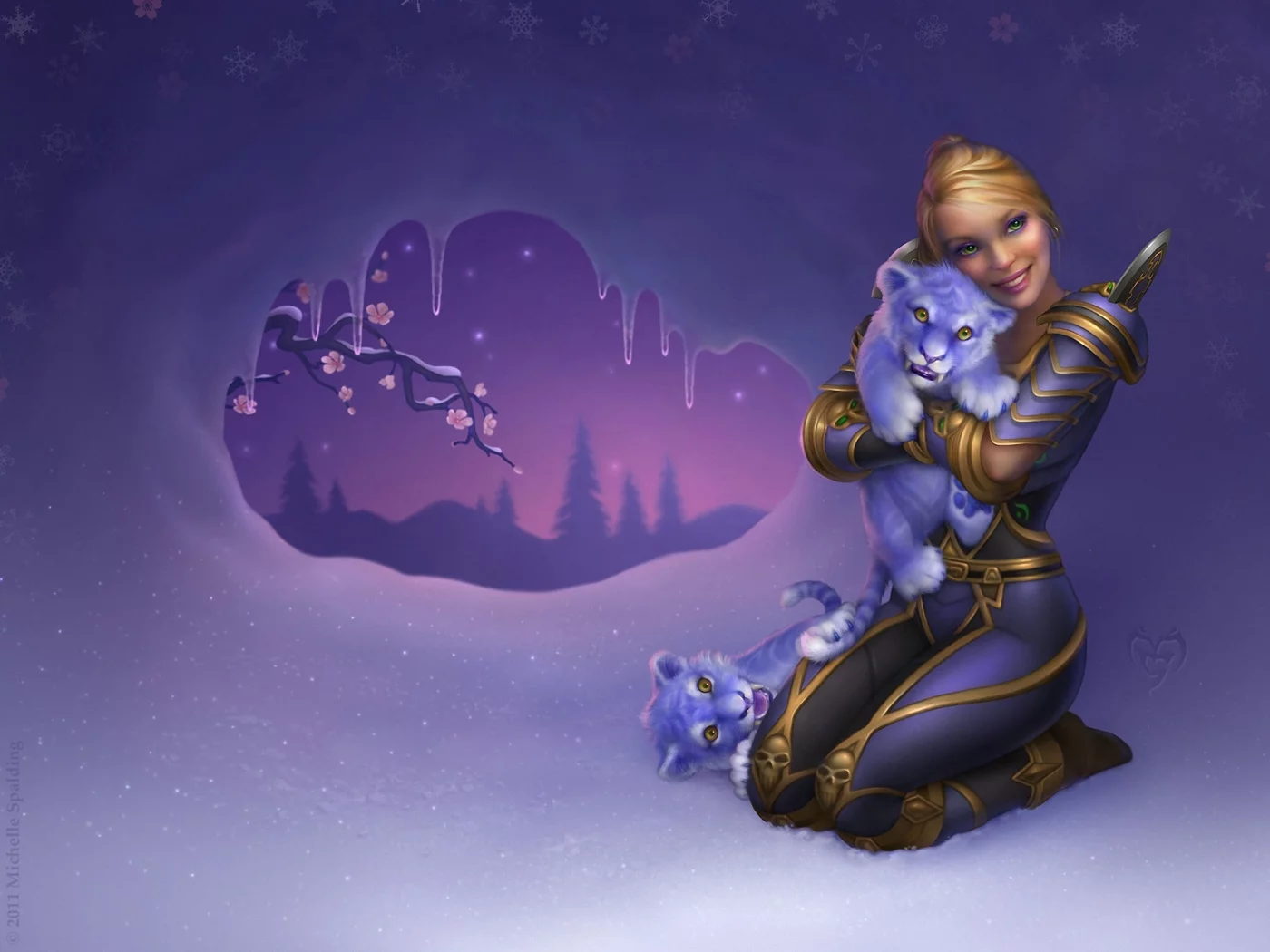 снег, фэнтези, девушка, тигрята, world of warcraft, Арт, тигр