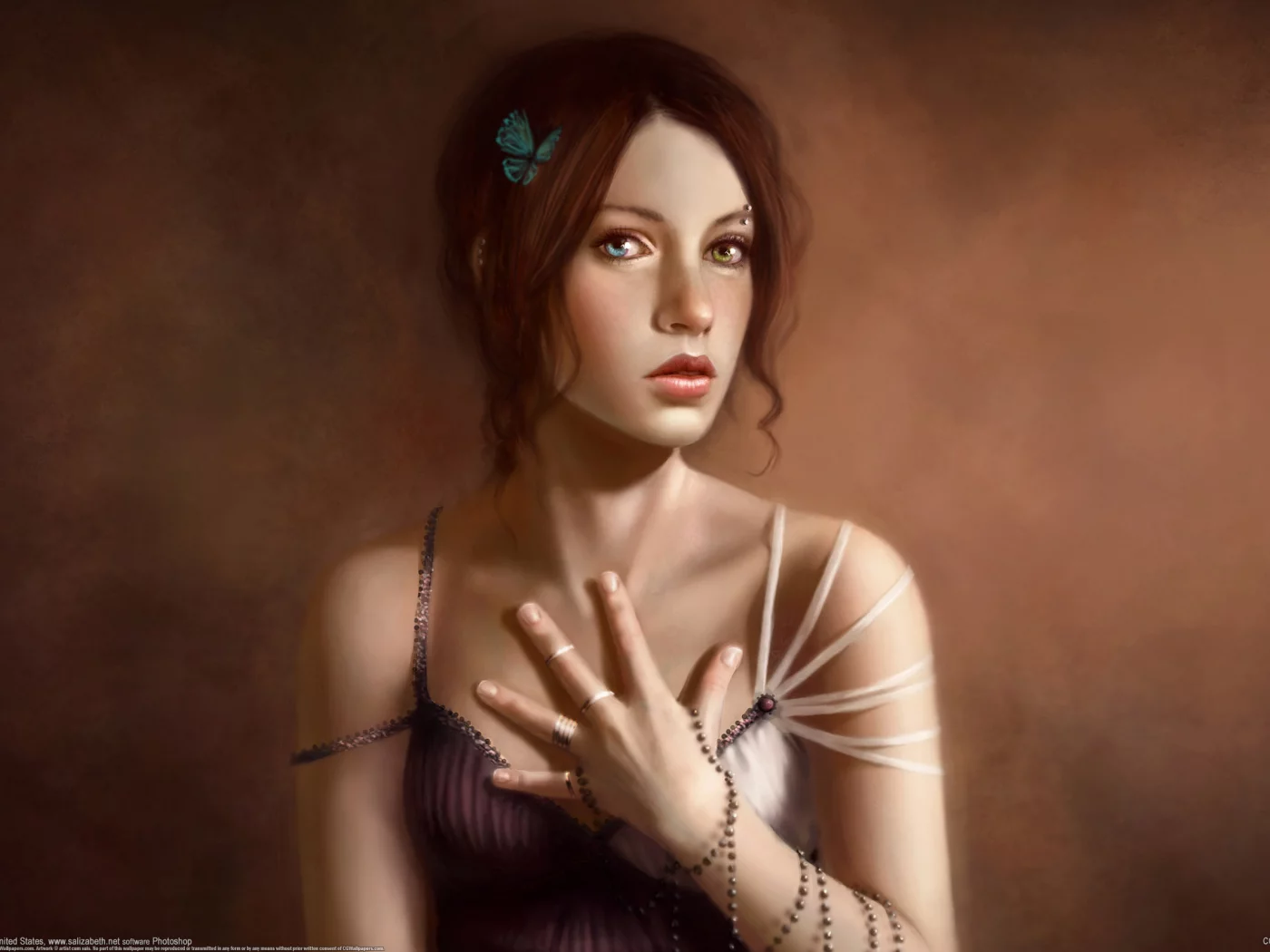 бусы, девушка, Арт, пирсинг, бабочка, sara biddle