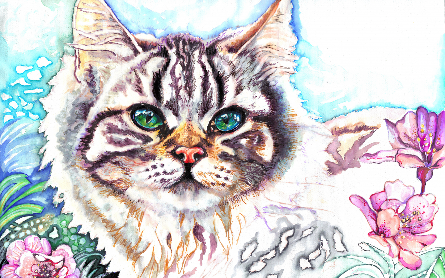 живопись, кот, Christina papagianni, зеленые глаза, животное