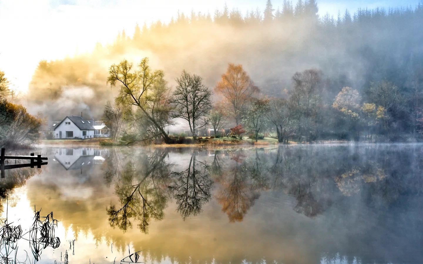 небо, облака, Природа, деревья, озеро, пейзаж, вода