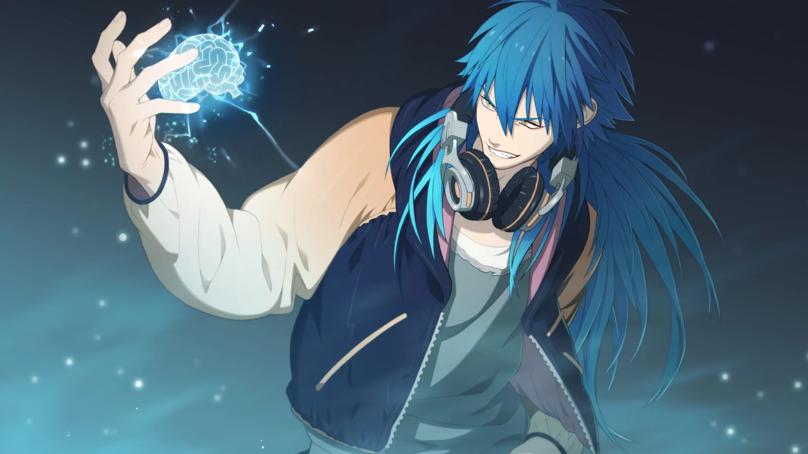 мозг, наушники, парень, Аниме, dramatical murder, синие волосы