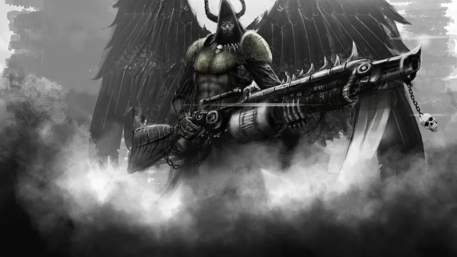 мужчина, angel of death, огнемет, крылья, оружие, Арт, капюшон
