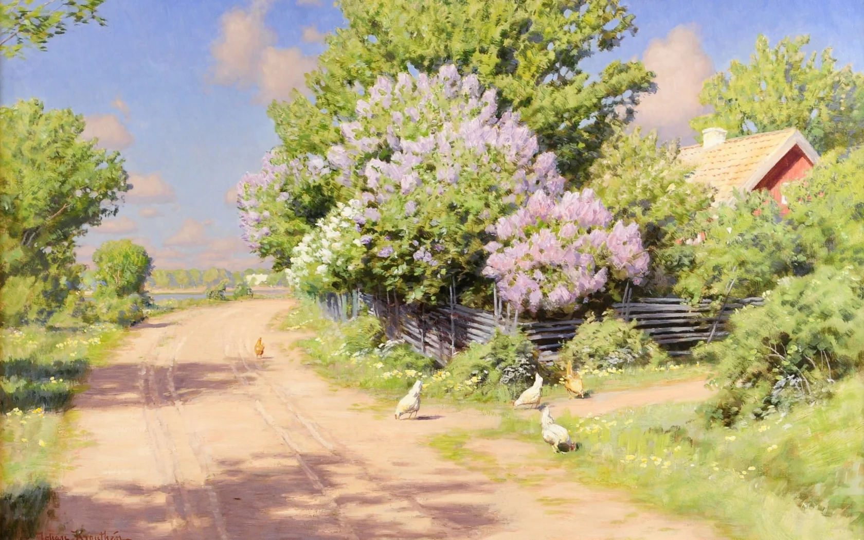 Картина, дом, пейзаж, деревня, johan krouthen, тень, дорога