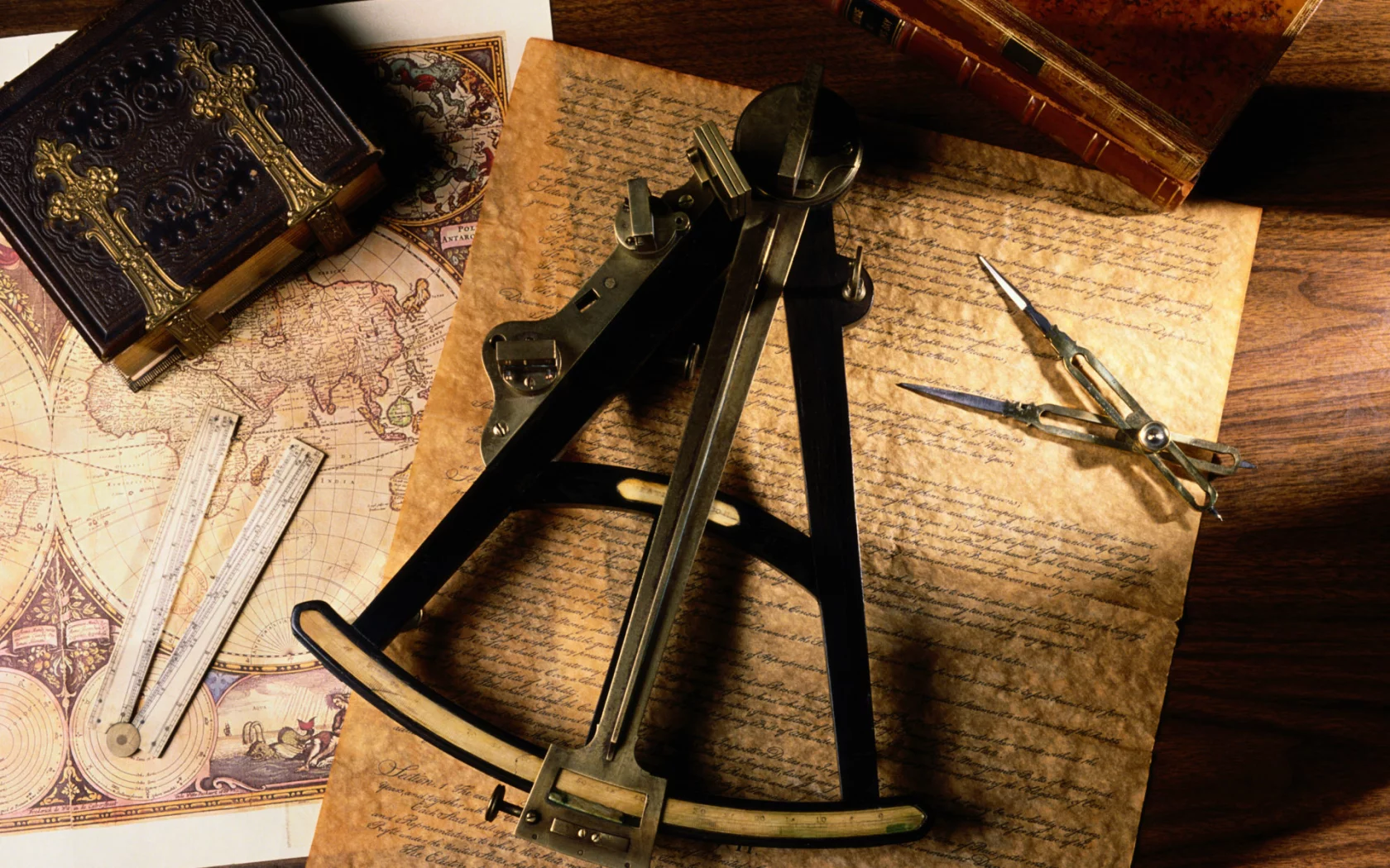 приборы, карта, книга, ретро, Винтаж, натюрморт