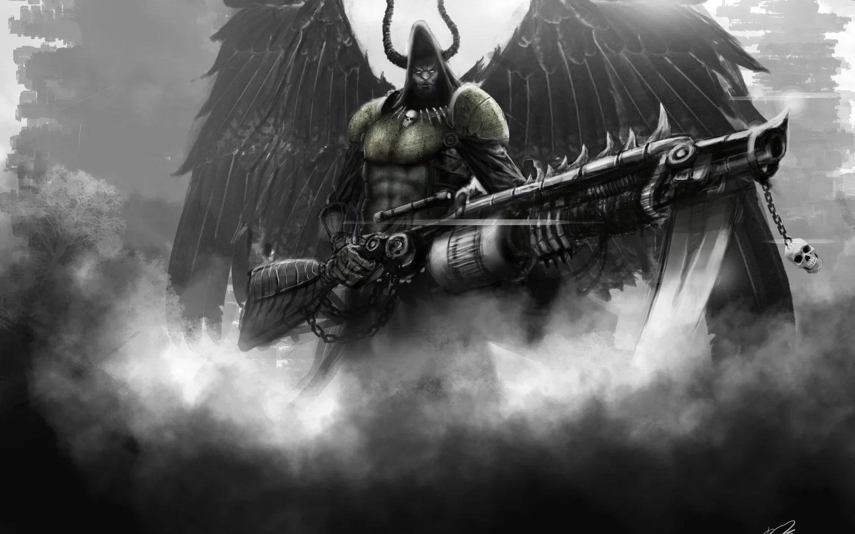 мужчина, angel of death, огнемет, крылья, оружие, Арт, капюшон