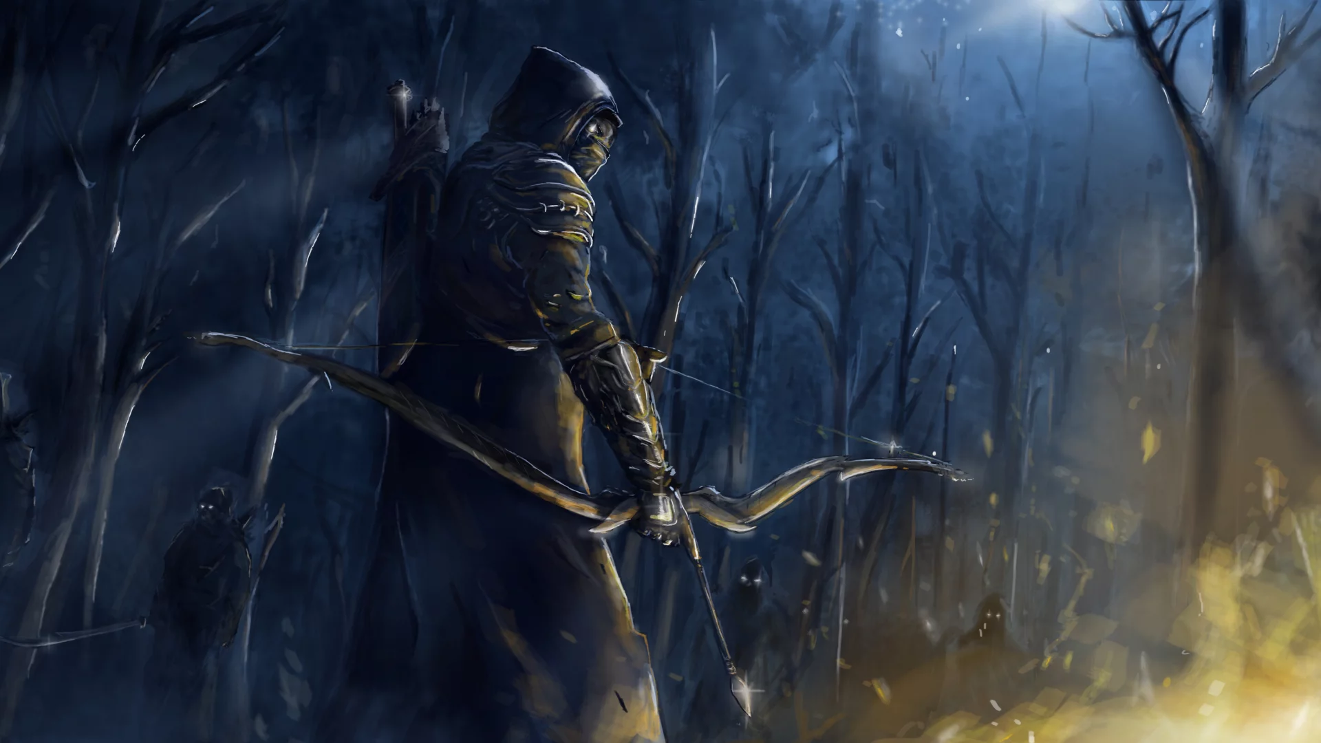 оружие, лес, Арт, лук, огонь, the elder scrolls online, ночь, люди