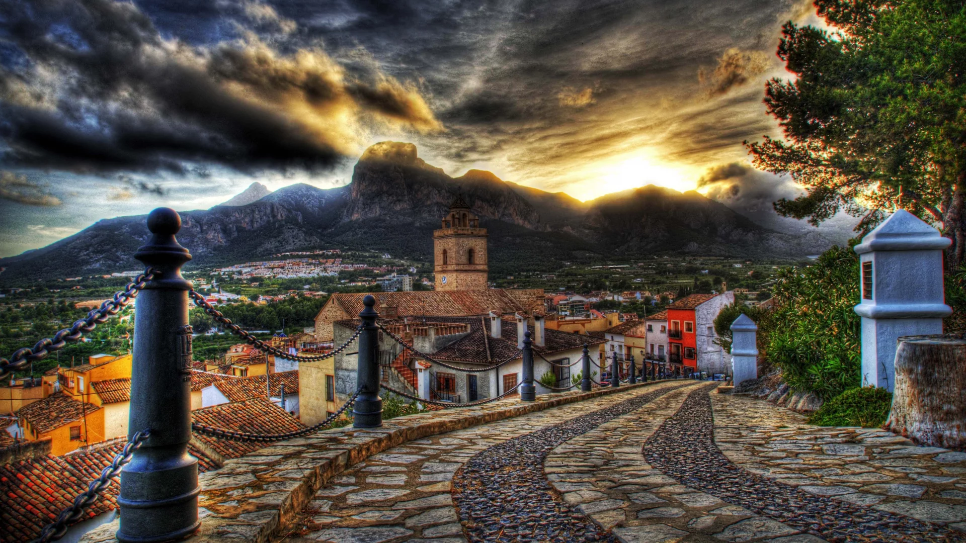 mountain, houses, sky, colorful, hdr, clouds, road, street, old, colors, Architecture, sunset