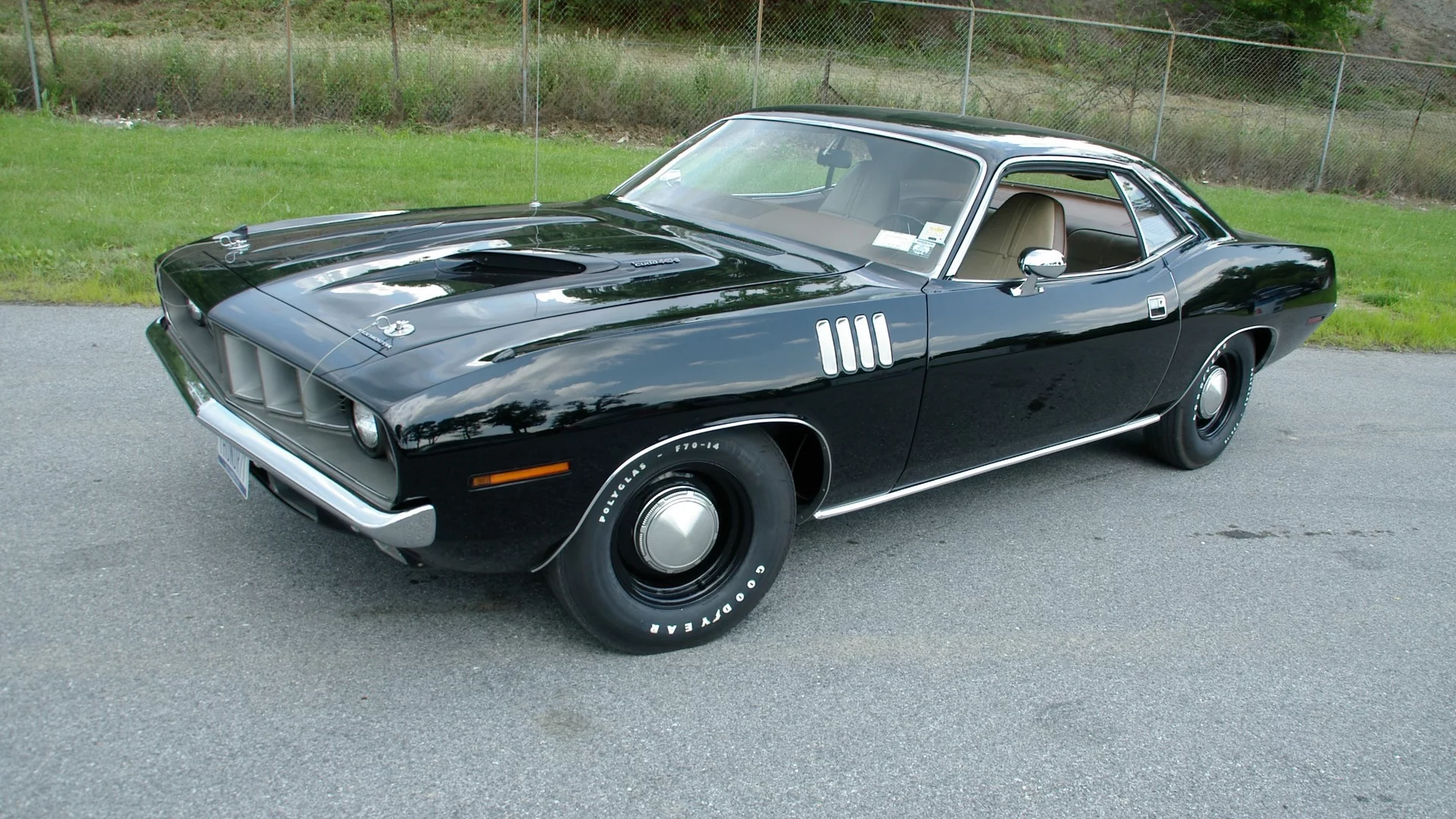 cuda, вид сбоку, black, плимут, газон, 1971, чёрный, Plymouth, куда