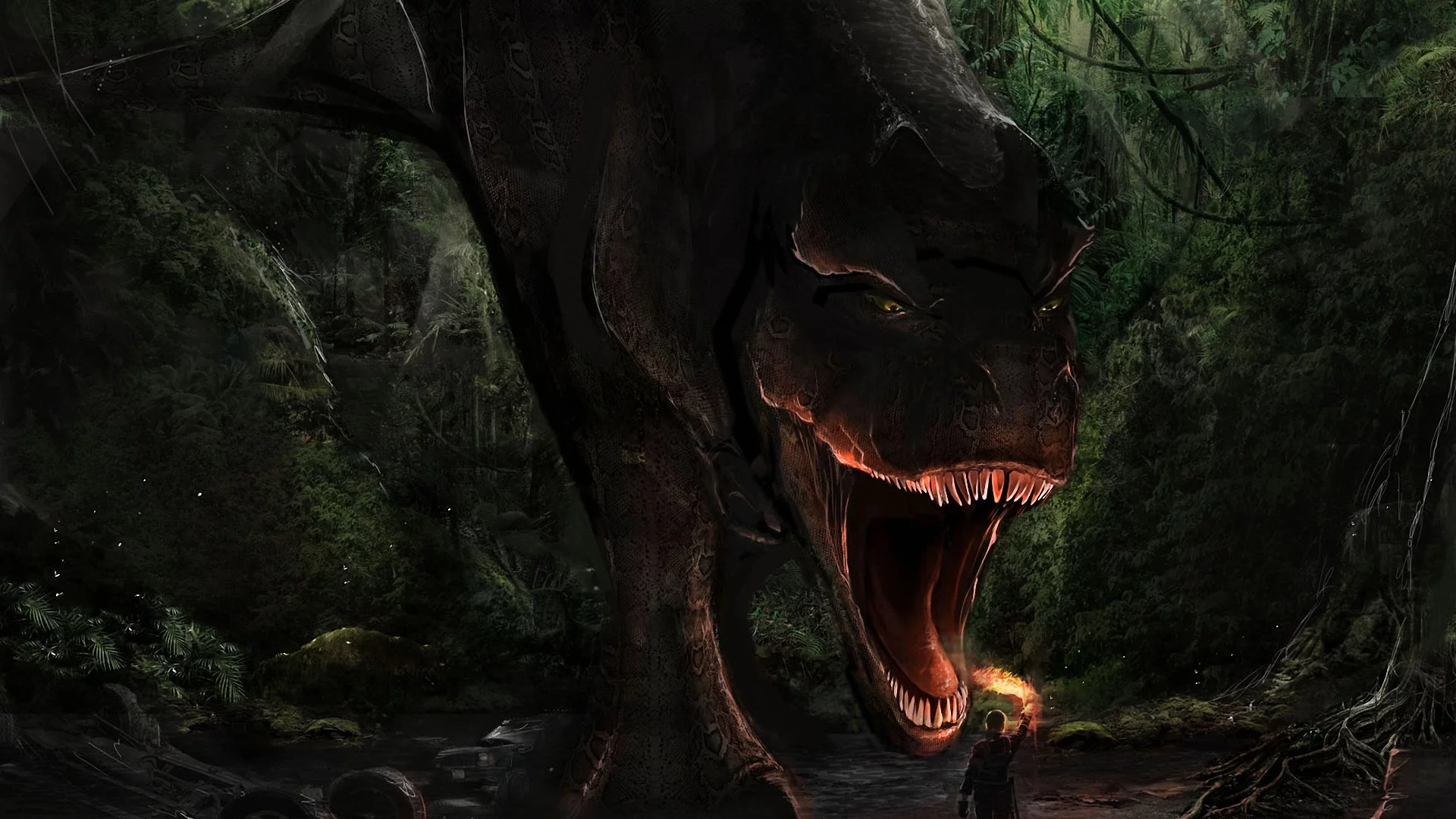 лес, человек, t-rex, опасность, Арт, пасть, факел, динозавр