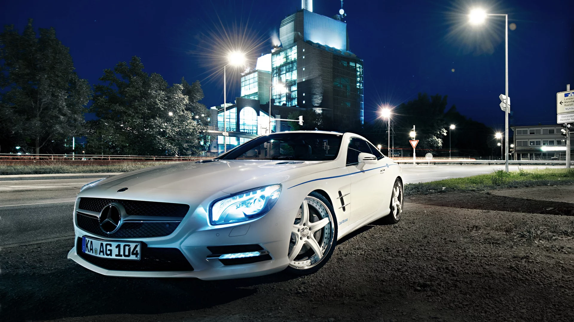 night, graf weckerle, 2012 car, white, glow, tuning, Mercedes-benz, sl 500, xenon, lights