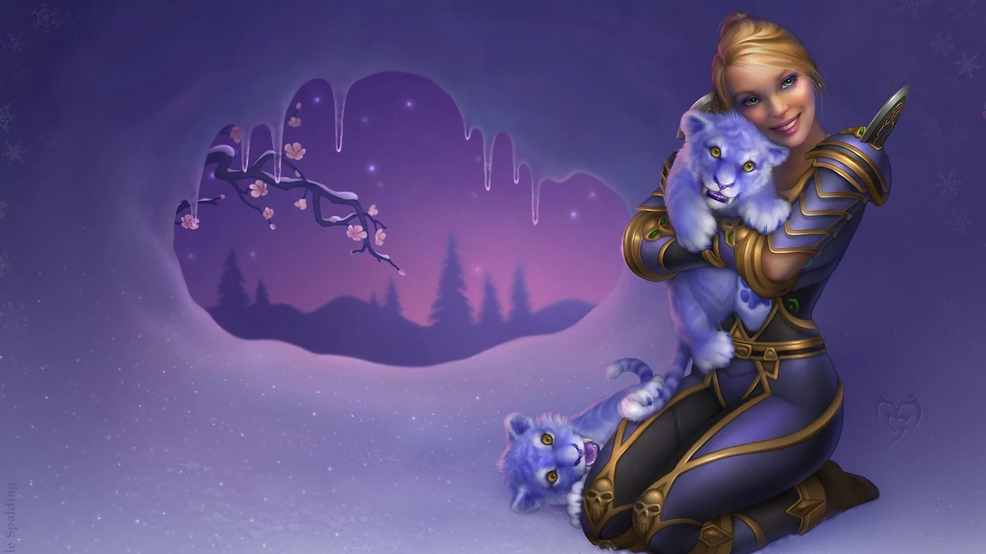снег, фэнтези, девушка, тигрята, world of warcraft, Арт, тигр
