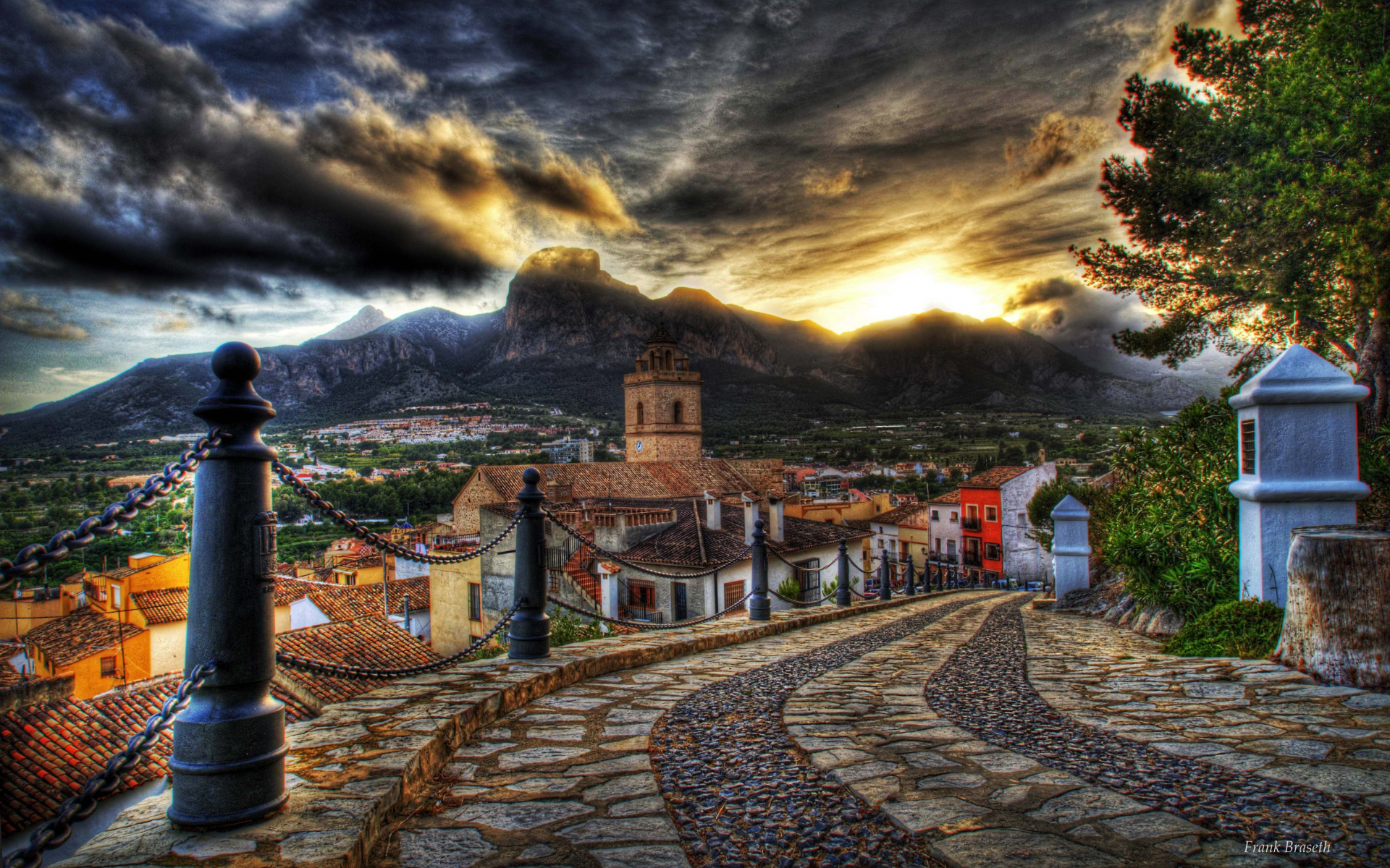 mountain, houses, sky, colorful, hdr, clouds, road, street, old, colors, Architecture, sunset
