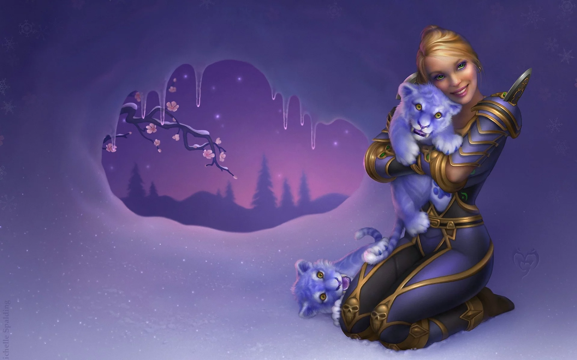 снег, фэнтези, девушка, тигрята, world of warcraft, Арт, тигр