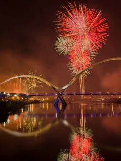 мост, город, Фейерверк, ночь, река, stockton