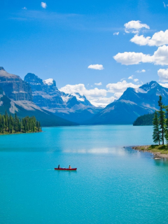 горы, озеро, лодка, лес, пейзаж, деревья, Канада