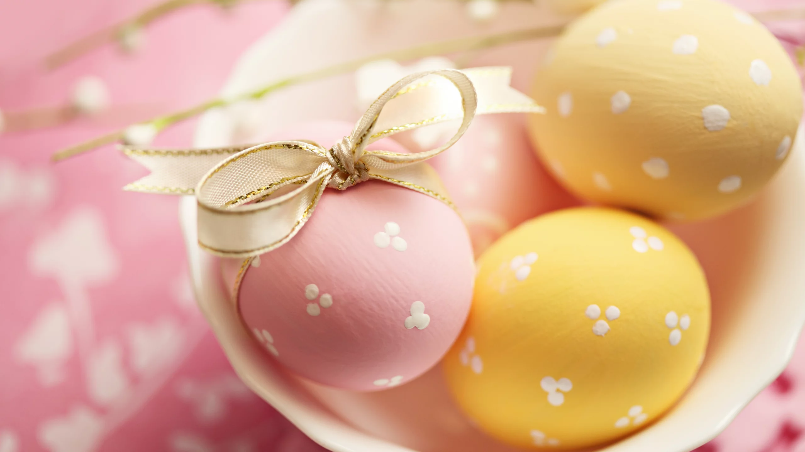 желтые, розовые, бант, пасха, яйца, Easter, пасхальные