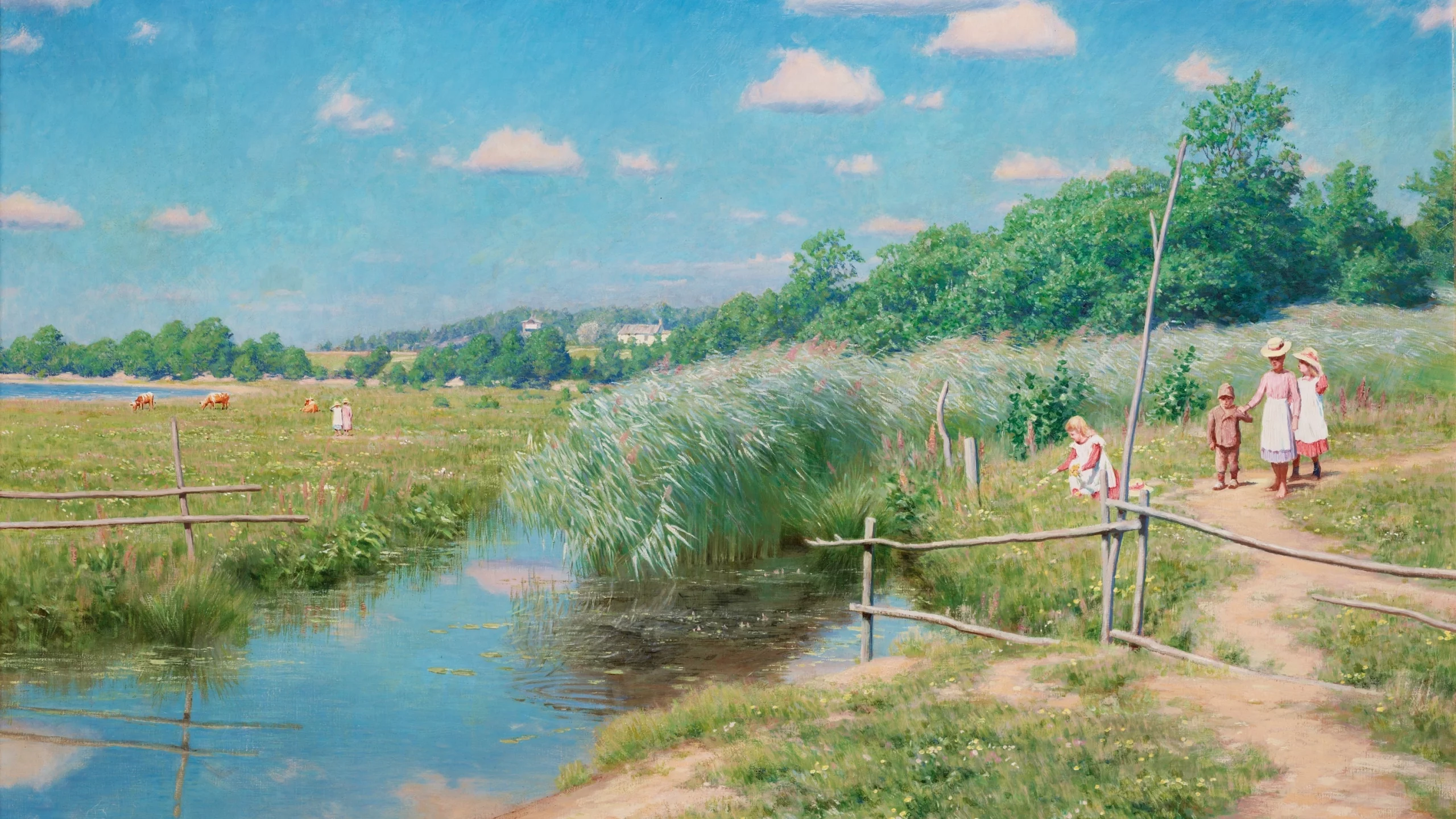 прогулка, деревня, пейзаж, дети, Картина, johan krouthen, лето