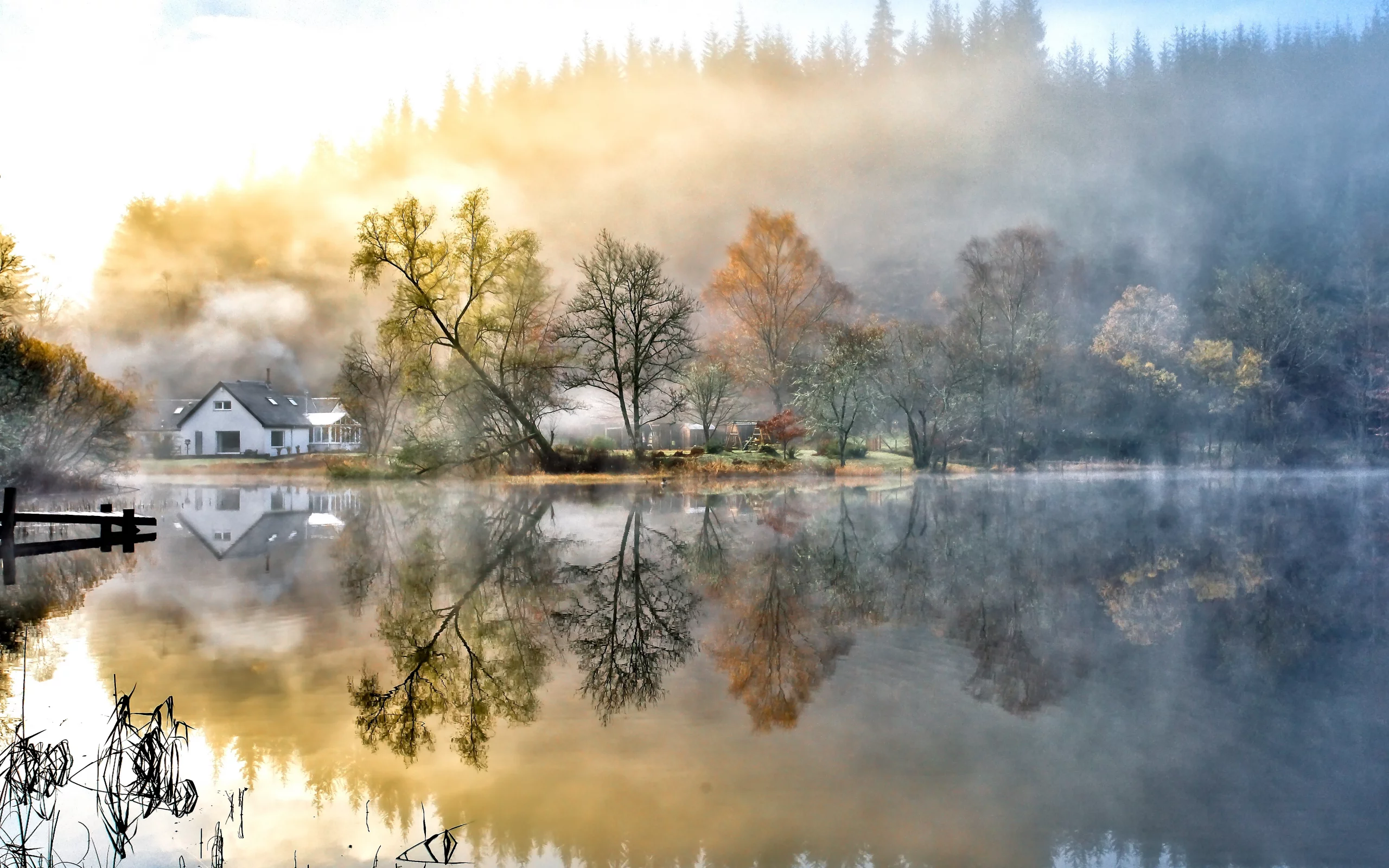 небо, облака, Природа, деревья, озеро, пейзаж, вода