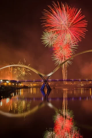 мост, город, Фейерверк, ночь, река, stockton