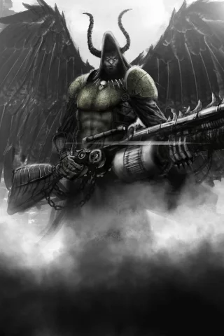 мужчина, angel of death, огнемет, крылья, оружие, Арт, капюшон