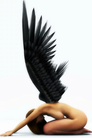 черные, графика, Рендеринг, падший, крылья, ангел, 3d