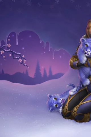 снег, фэнтези, девушка, тигрята, world of warcraft, Арт, тигр