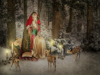 лес, mrs claus, снег, свечи, зима, олени, Новогодняя открытка