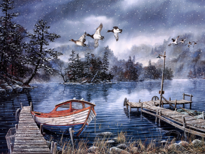 Ken zylla, lake of the woods, живопись, первый снег, поздняя осень
