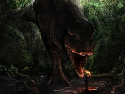 лес, человек, t-rex, опасность, Арт, пасть, факел, динозавр
