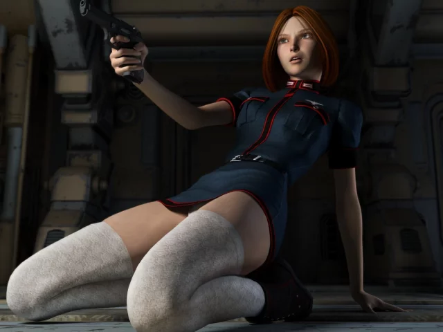 рыжая, пистолет, униформа, чулки, Девушка, графика, 3d